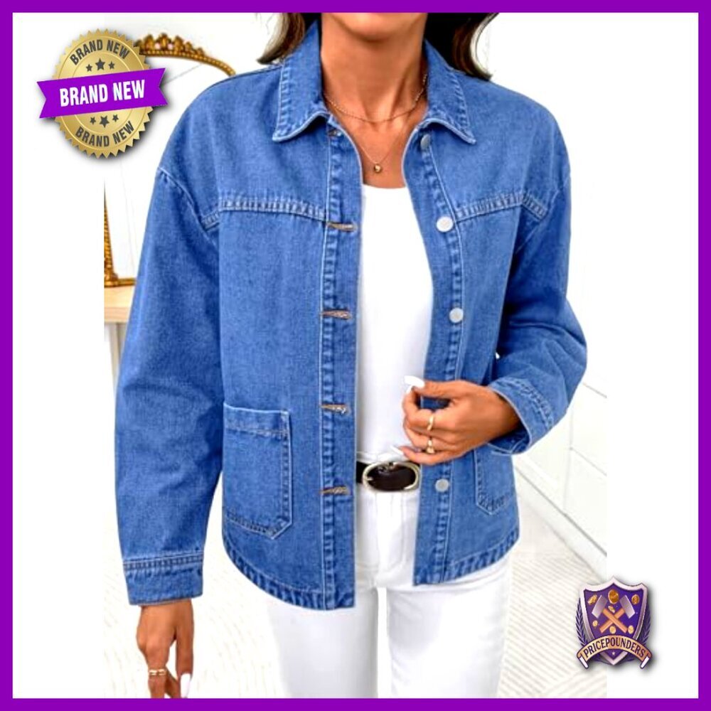 Oversized Denim Jacket Classic Boyfriend Fit Casual Chic Button Down Long Sleeve - Picture 6 of 7